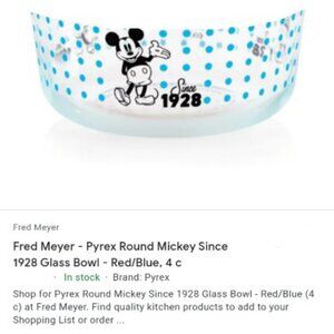 Pyrex 4 cup (NO LID) Disney Mickey Mouse decorated blue dots storage bowl